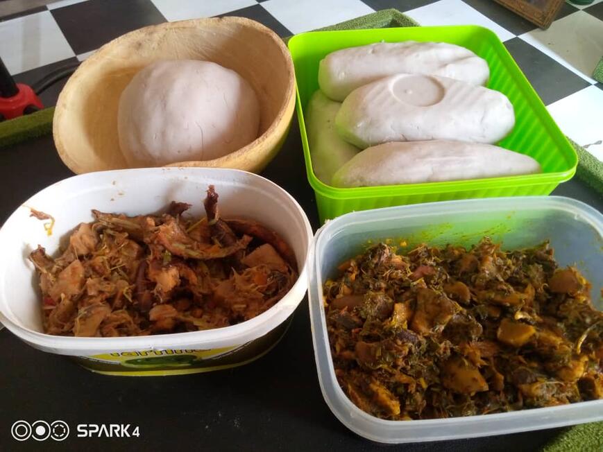Pounded cocoyams and meat sauce Pounded cocoyams and meat sauce